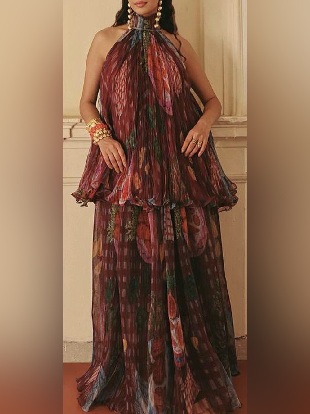 Payal & Zinal Maroon Halter Pleated skirt set